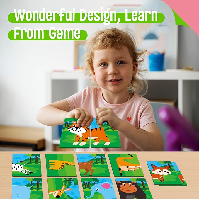 SpriteGru Jungle Animal Memory Game, 28 Chunky Cards Wild Animal Head Tail Matching Game 1-5 Players Memory Matching Game for Age