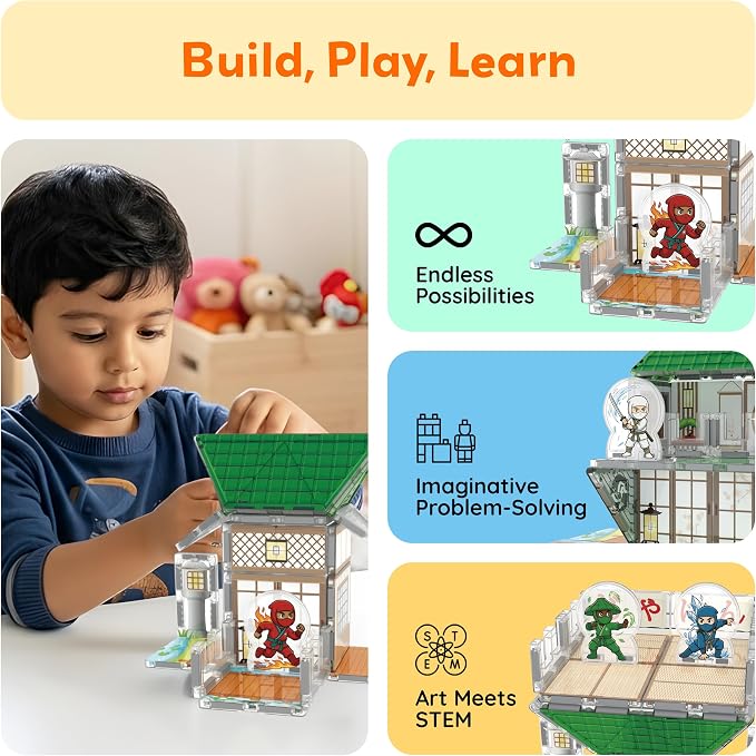 PicassoTiles Magnetic Tile Ninja Dojo Theme Set Two Sided Printed Designs Interior Exterior 3D Magnet Tiles 4 Character Ninjas STEM Education Learning Kit Building Blocks Toys Kids Ages 3 4 6 7 PTQ107