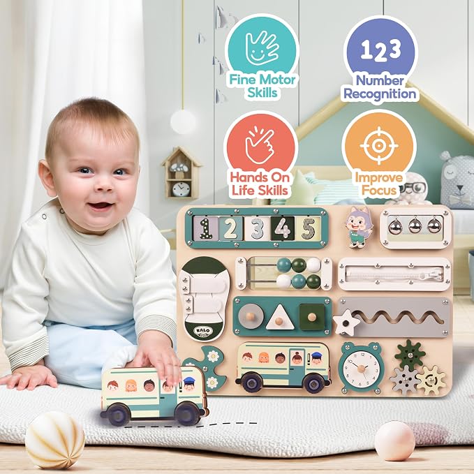 Large Montessori Busy Board for Baby & Toddlers 1-3 — 17-Inch Wooden Sensory Activity Board — Fine Motor Skills & Early Learning Educational Toy for 1 2 3 Year Old, Travel Friendly & Safe