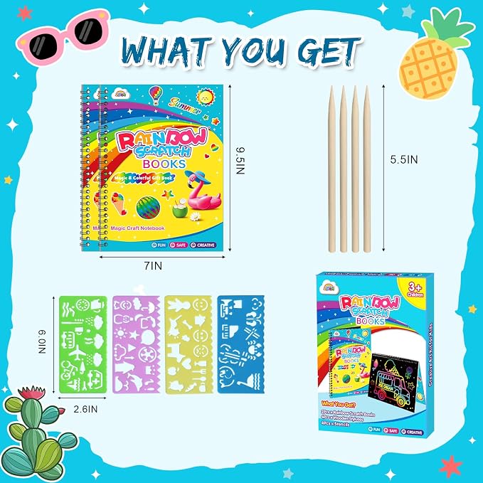 ZMLM Scratch Paper Art-Crafts Gift: 2 Pack Rainbow Notebooks Supplies Toys | Art Crafts for 3 4 5 6 7 8 9 10 11 12 Years Old Girls and Boys Kids Birthday Christmas Party Travel Games Activities Summer