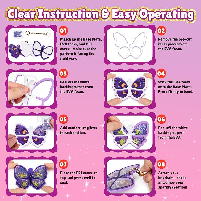 Fun Shake Glitter Craft Kits for Kids, DIY Arts and Crafts Keychains Kit | Art Supplies, Class Travel Activities, Party favors, Gifts for Girls & Boys 4yrs+, Butterfly & flower