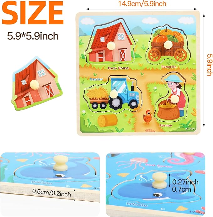 Melofaver Toddler Wooden Peg Puzzles, Montessori Learning Baby Puzzles | 6PCS Toddler Puzzles with Knob -Dinosaur, Farm, Farm Animal, Sea Animal, Fruit, Kids Puzzles Gifts for Boys Girls Christmas