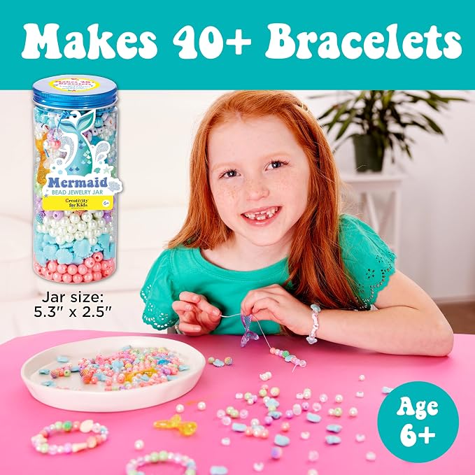 Creativity for Kids Mermaid Bead Jewelry Jar: Create 40+ Friendship Bracelets for Girls, DIY Girls Beads Jewelry Making Kit, Summer Activities for Kids & Mermaid Gifts (Ages 6+)