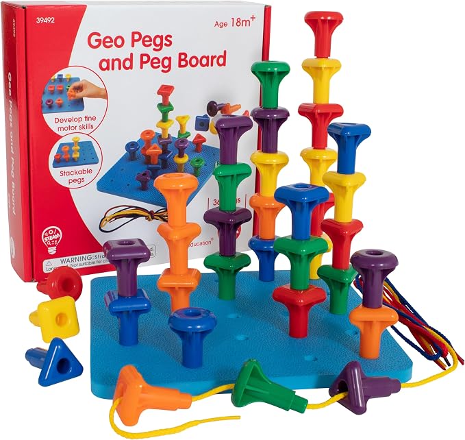 edxeducation Geo Pegs and Peg Board Set, 36 Pegs, 3 Shapes & 3 Laces | 6 Colors, Ages 18m+, Homeschool Supplies for Preschool Activities