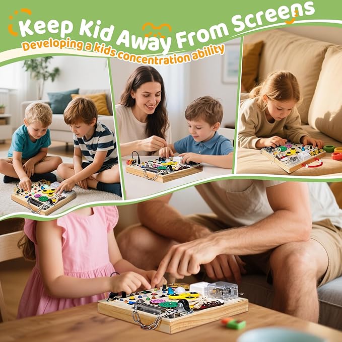 Montessori Wooden Busy Board Toys for 1 2 3 Boys Girls,Toddler Sensory Educational Fidget Board Travel Toy with LED Light Up Switches & Music Boxes, Locks for Kids Gifts