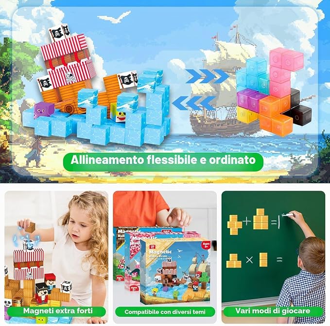 ToyUnited Magnetic Blocks - 100PCS Build Pirate-Ship World Set | Magnetic Building Cube Stacking, STEM Montessori Sensory Toys for Kids Boys Girls Ages 3 4 5 6 7 8 9 10 Easter Birthday Gifts