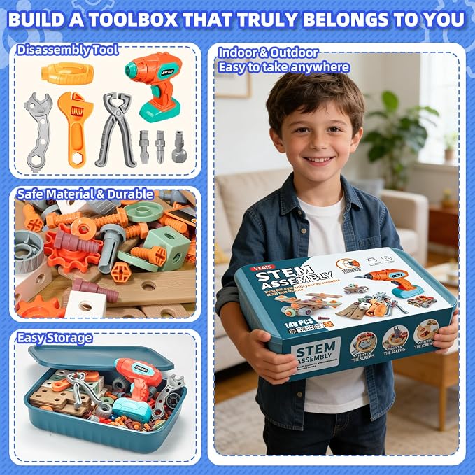 VEAIS Kids Tool Set with Drill, 148Pcs Tool Set with Toolbox,STEM Montessori Toys for 3-5Year Old, Educational Construction Toy, Pretend Play Toys for 3 4 5 6 Year Old Boys, Birthday Gift for Kids