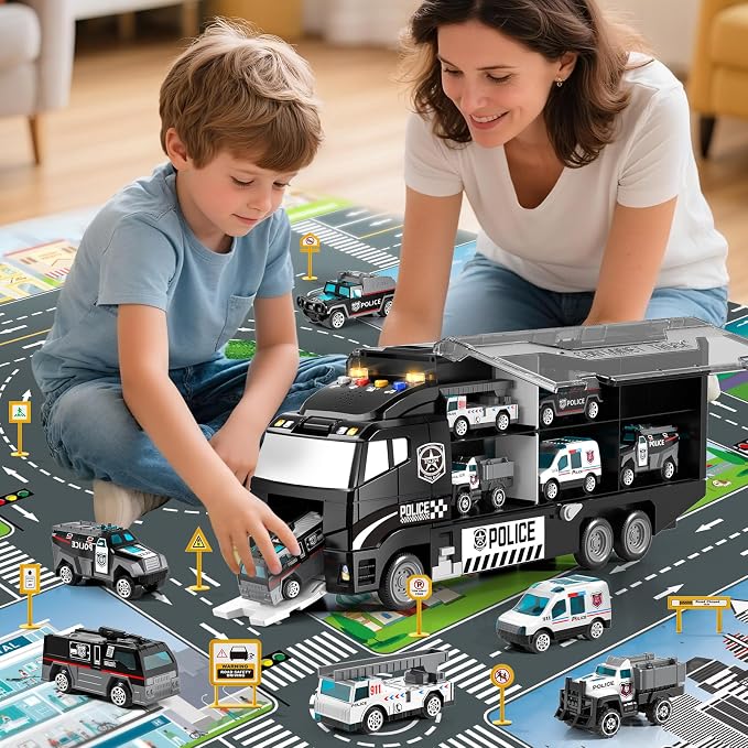 Toddler Boy Police Car Toy Set with Light & Sound,Die-Cast Toy Car,Play Mat | Police Car Toy Trucks for Boys Age 4-7,Birthday & Christmas Gift for Boys & Girl,Friction Powered Truck Toy for Kids Ages 4-8