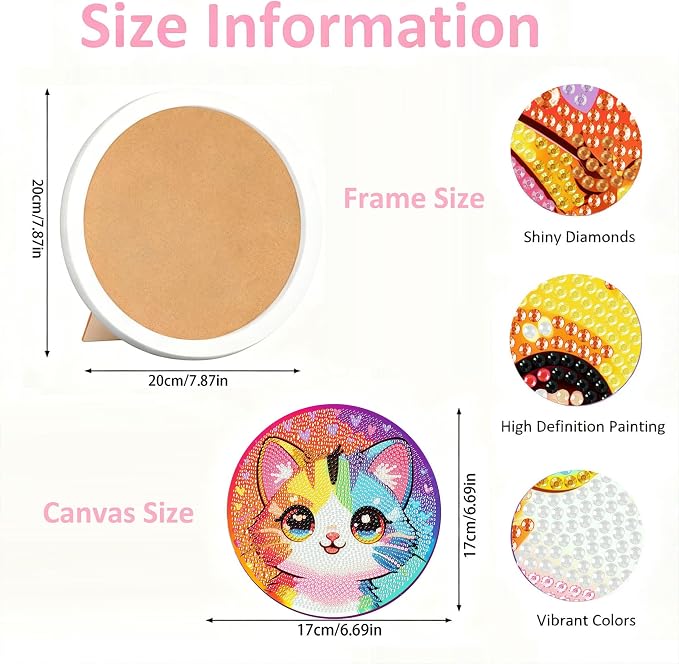 Gemozaic Cat Diamond Art Kits for Kids Ages 4-8-12, Round Frame, 8 x 8 in | Cute Cat Diamond Art for Kids 6 10 12 Year Old, DIY Easy Kid Big Gem Painting, Animal Arts and Crafts for Girl Birthday Gift