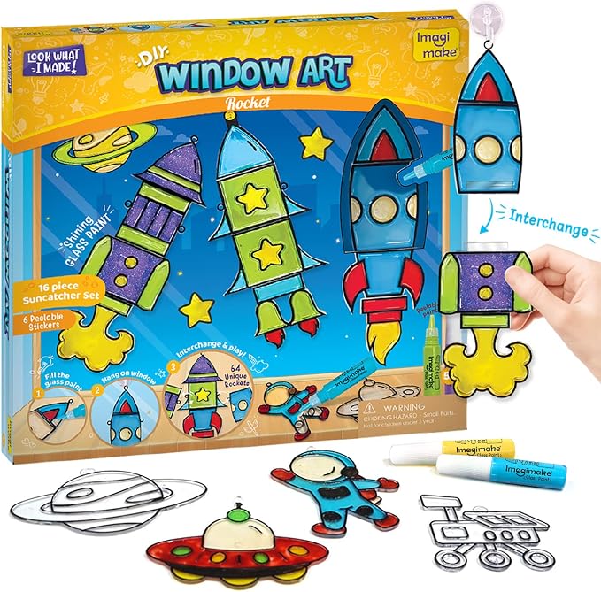 Imagimake Window Art - Rocket, DIY Mess-Free 16 Pieces Suncatcher Kit | Stained Glass Painting Craft Activity for Kids, Birthday Gift for Boys & Girls Ages 5,6,7,8,9,10,12 Years Old