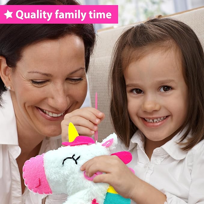 KRAFUN Unicorn Sewing Kit for Kids Ages 8-12 | No Scissors | Pre-cut & pre-punched felt, no glue needed. Child-safe needle. Sew your own unicorn plush. Beginner craft gift for girls