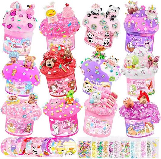 12-Pack Pink Slime Kit for Girls, Butter Cloud Squishy Party Favor Set | Goodie bag stuffers, Easter basket fillers, classroom prizes and sensory slime toys with clear slime for kids ages 4-10