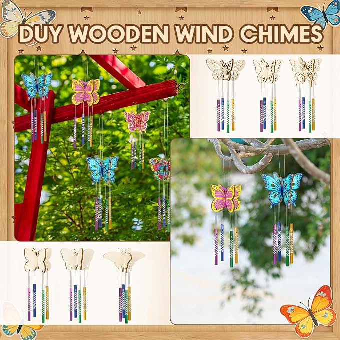 Leinuosen 30 Pcs Wind Chime Kit Make Your Own Butterfly Windchimes for Kids | Butterfly Crafts Decorative DIY Coloring Wooden Crafts for Spring Summer Party Art Activities Garden Home Patio Decorations