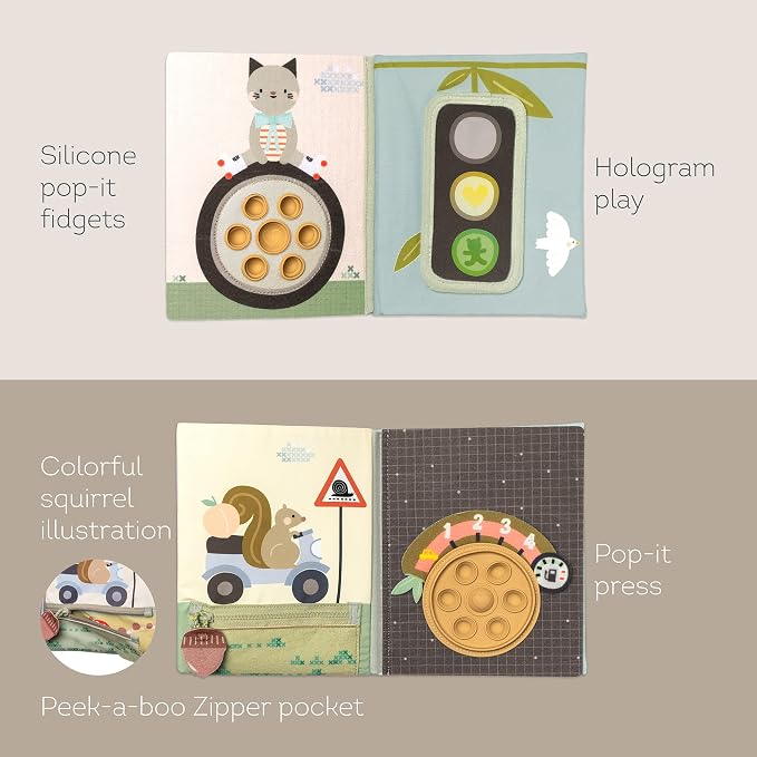 Taf Toys Busy Book for Toddlers 1-3 Textures, Crinkle Fabrics & Movable Cars - Montessori Busy Board - Activity Book Learning Quiet Activity Books Gifts Toddler Travel Toys for One Year Old