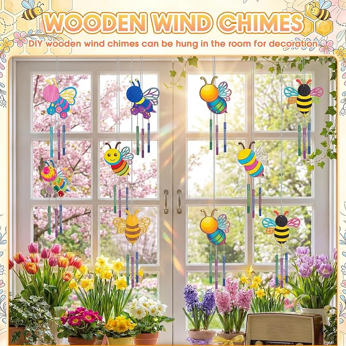 Leinuosen 30 Pcs Wind Chime Kit Make Your Own Bee Crafts for Kids | DIY Bee Windchimes Crafts Decorative Coloring Wooden Crafts for Spring Summer Party Art Activities Home Patio Decor