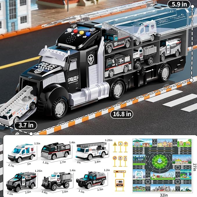 Toddler Boy Police Car Toy Set with Light & Sound,Die-Cast Toy Car,Play Mat | Police Car Toy Trucks for Boys Age 4-7,Birthday & Christmas Gift for Boys & Girl,Friction Powered Truck Toy for Kids Ages 4-8