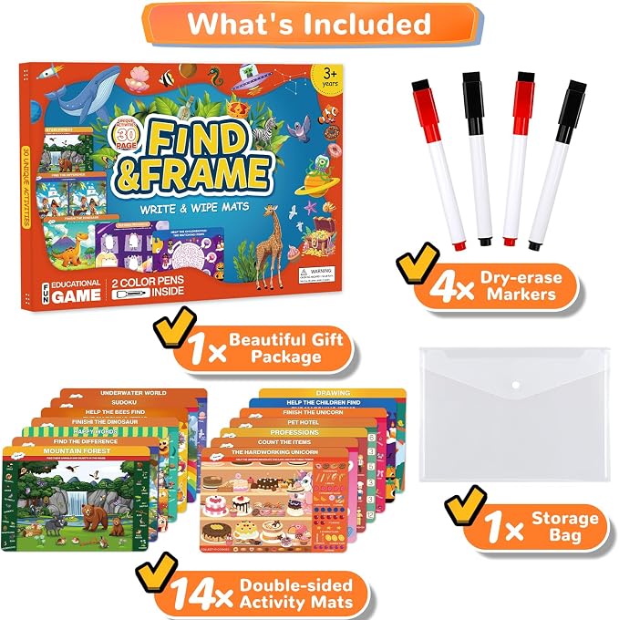 Search and Find Activity Book for Kids Ages 3-5, 28 Reusable Learning Activities with 14 Double-Sided Dry Erase Mats, Preschool Busy Book, Road Trip Travel Toy, Screen-Free Educational Gift