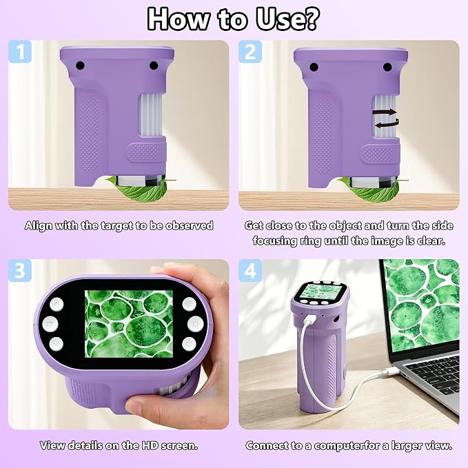 Kids Digital Microscope, 1000X Handheld Pocket Microscope STEM Science Toy | 2.0" IPS Screen, 8 LED Lights, Photo & Video Capture, Rechargeable Design, Educational STEM Gift for Kids Ages 3-12