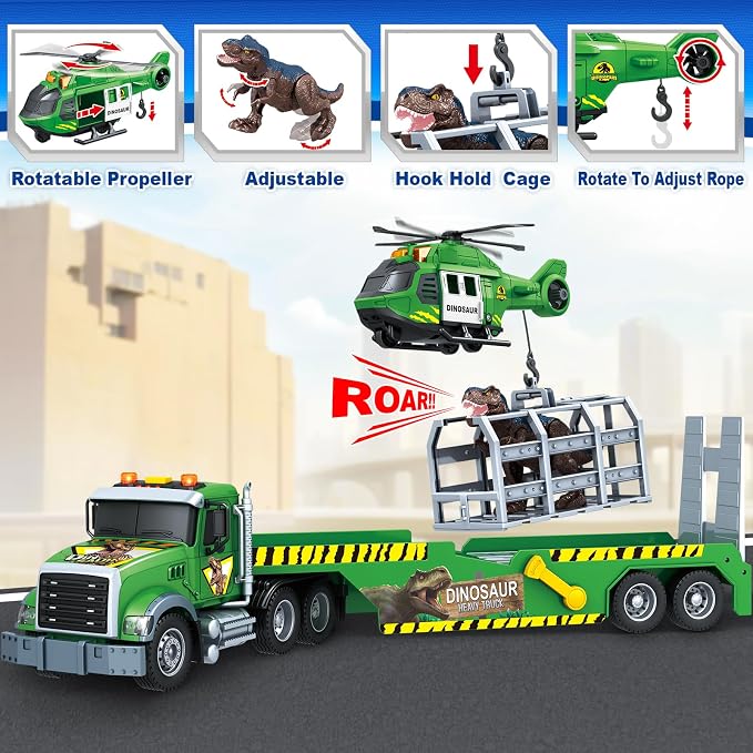 Bstoyder Toddler Boy Toys for 3 4 5 6 7 Years Kids, 21" Semi Flatbed Truck Toy with a Dinosaure Truck, Friction Powered Vehicles Toys with Lights and Sounds, Birthday for Boy Girls