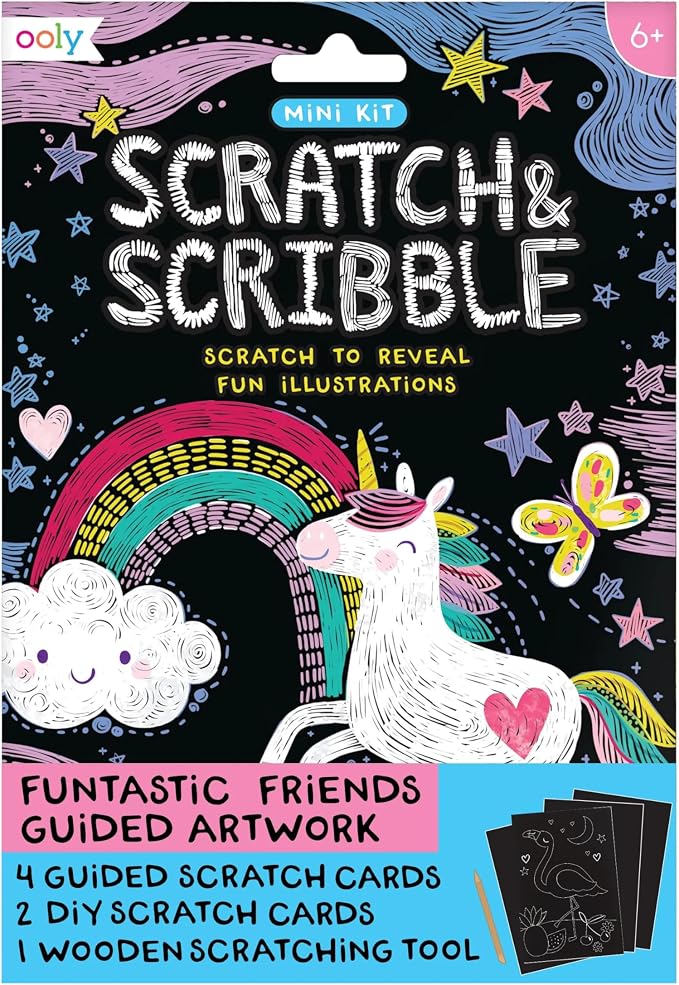 Ooly Mini Scratch & Scribble Art Kit, 6 Cards – Funtastic Friends | Ages 6+, Wooden Stylus Included, Compact Car and Airplane Travel Activity, Screen-Free Craft, Fun Gift for Kids