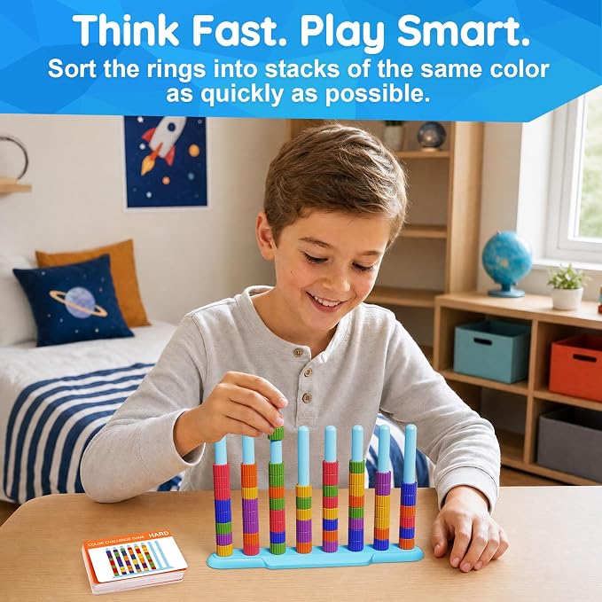 LLESSOO 1 Pack Color Challenge Game – Solo Play Color Matching Puzzle Game, Fun Board Game for Kids 6-8-12, Adults, Party & Family Game Night, Stacking Game with 1 Stack Rack, 100 Cards, 60 Rings
