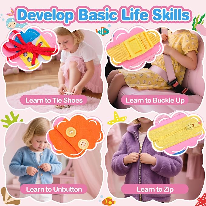 GONINO Toddlers Busy Book for 1-3 Year Old Girls, Montessori Busy Board | Fine Motor Skills Sensory Toy, Travel Toys for Airplane Car, Baby Activities Books, Pink Gift for Girls