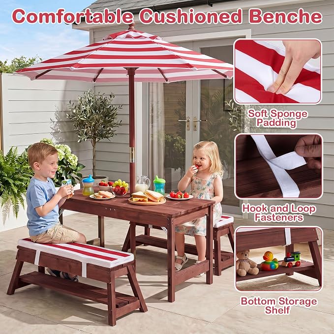 Costzon 4-in-1 Kids Picnic Table with Umbrella, Sand & Water Sensory Bins | Wooden Toddler Outdoor Table with Benches, Cushions, Cover, Gardening Tools, Kids Outdoor Furniture for Patio Backyard