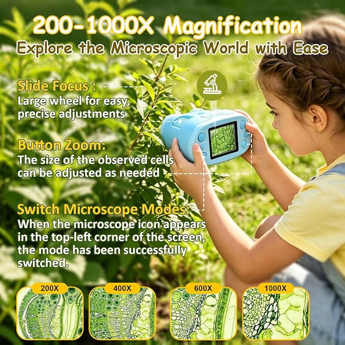1000X Handheld Microscope for Kids 2.0" Screen 32GB Card Included | Rechargeable 3 in 1 Pocket Digital Kids Microscopes with Camera & Selfie Lens, Edu Science Kits for Kids 4-6 8-12 Blue