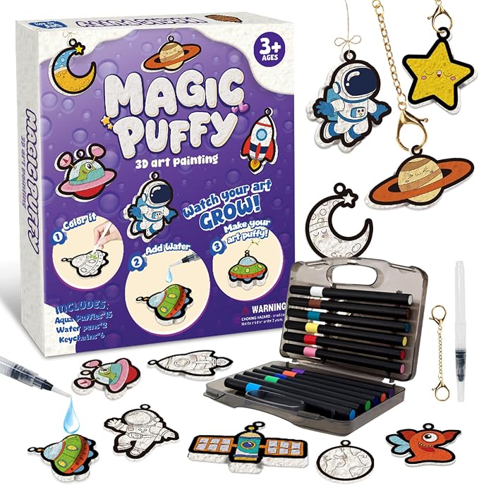 Artnedu Magic Puffy Paint Kit-Space & Astronauts,3D Art Kit,Mess-Free Toy | DIY Magic Puffy Keychain,Paint By Craft Kits for Kids,Travel Toys & Creative Gift for Girls & Boys Ages 4, 5, 6, 7, 8, 9, 10