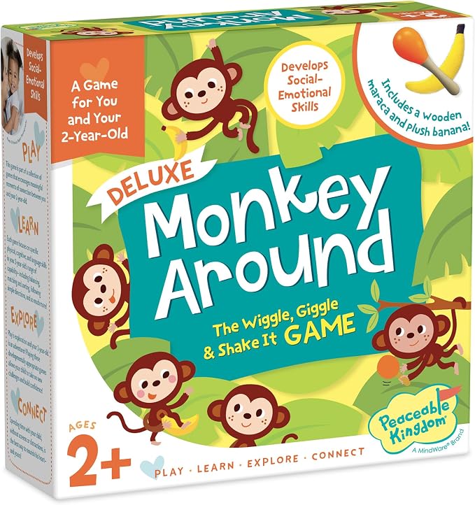 Peaceable Kingdom Deluxe Monkey Around First Game for Toddlers | Deluxe active first game for toddlers—dance and play with beanbag banana and maraca. Cooperative bonding, ages 2+