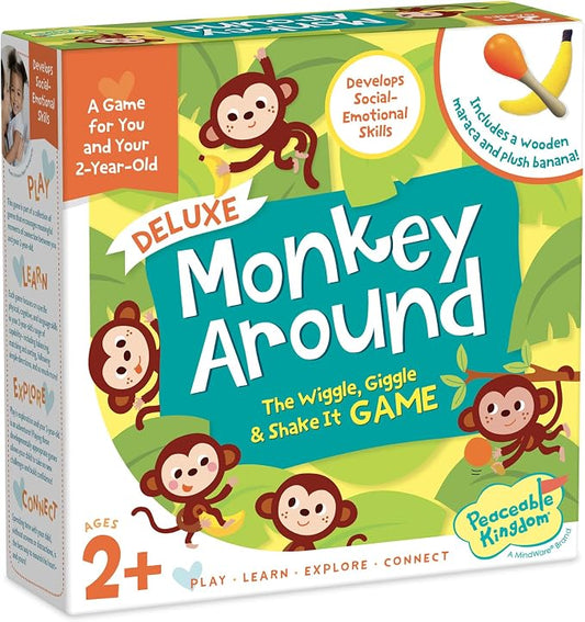 Peaceable Kingdom Deluxe Monkey Around First Game for Toddlers | Deluxe active first game for toddlers—dance and play with beanbag banana and maraca. Cooperative bonding, ages 2+