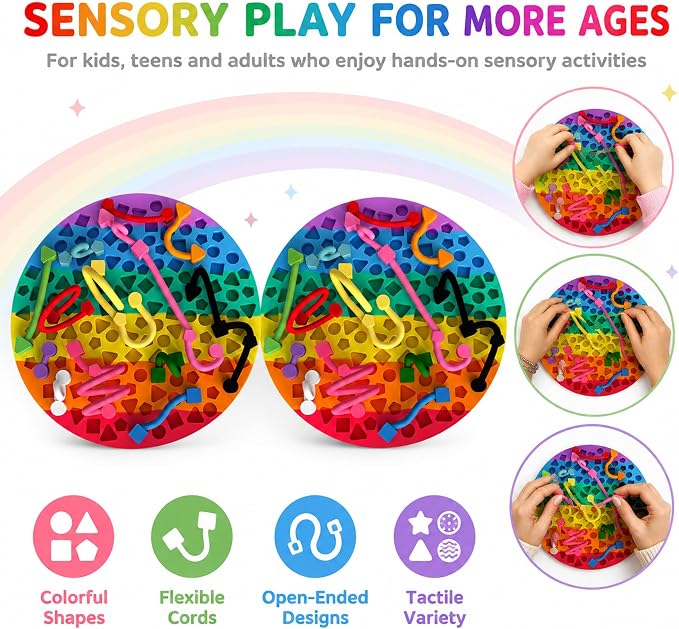 2 Pack Sensory Activity Board, Stress Relief Silicone Quiet Toddler Sensory Toy, Silicone Sensory Activity Board, ADHD & Autism Sensory Toys for Kids & Adults |with a Travel Bag & 24 Strin(C)