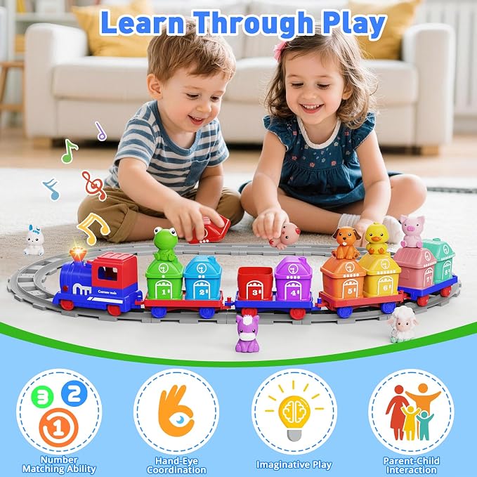Electric Train Set for Toddlers 2-4 with Farm Animals, Music & Lights, Blue | Montessori Counting & Sorting Train Toy, 37 Pieces with 8 Farm Animal Finger Puppets and Numbered Barns for Toddlers