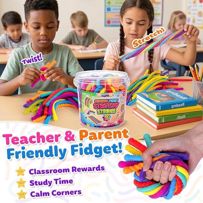 Fidget Sensory Toys for Kids, 40 Pack Textured Sensory Stretchy Noodles, Calm Down Stress Toys for Autism ADHD, Quiet Fidgets for Classroom Prizes, Party Favor Gifts, Travel Toys, Adults Desk Fidgets