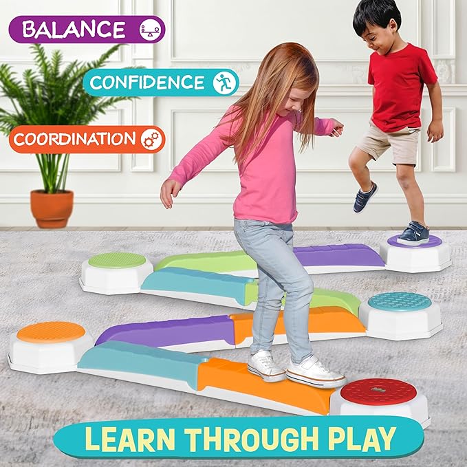 Acorn Avenue Balance Beam & Stepping Stones 13 Pc - Sensory - Toddler | Plastic Build, 5 Textured Platforms, 8 Color Blocks, 20 x 11 x 11 in, Up To 110 lb, Ages 2-12y, Indoor Outdoor Play