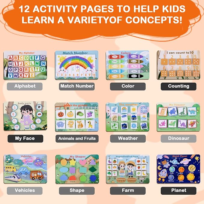 NAHSHON 12 Themes Small Montessori Busy Book Learning Toys for Kids 3-5 | Preschool Learning Activities Educational Sorting Toys for Kids 3 Year Old, Autism Sensory Fine Motor Matching Games