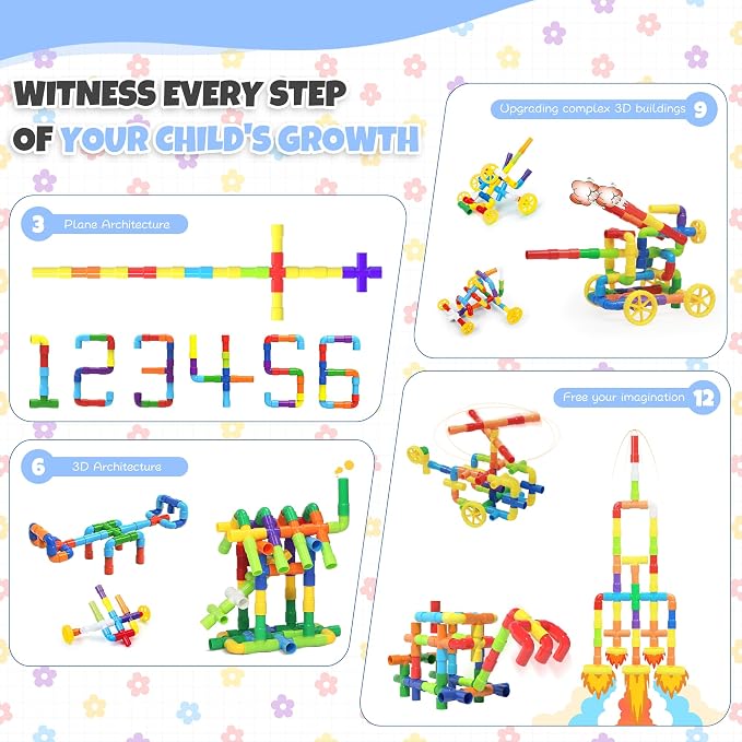 Ggiibro STEM Building Toy for Toddlers 200Pieces Tube Pipe Toy,Educational Preschool Game for 3+ Years,Learning Building Blocks Play with Storage Box Gift Kit,Montessori Toys for Boys & Girls