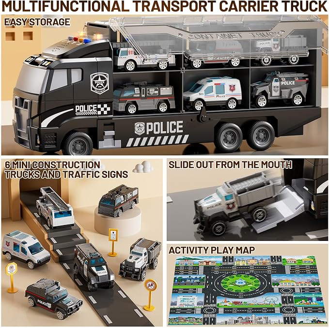 Carrier Truck Toddlers Toys for 3 4 5 6 7 Years Old Boys, Toy Truck Transport Car & Die-Cast Car and Play Mat, Police Car Toys Birthday Gifts for Kids 3 4 5 6 7 8+ Years Old Boys Girls