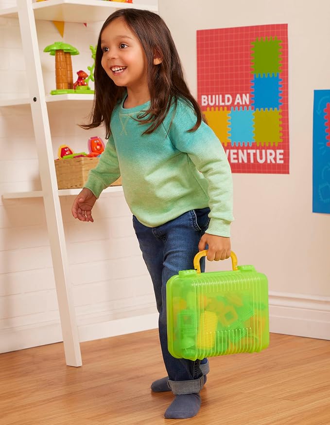 Battat Bristle Blocks Safari Adventure Carrying Case, 85-Piece Set, Playset | Interlocking building blocks with toy characters, a little dog, and reusable carry case for storage and travel, 2+ Years