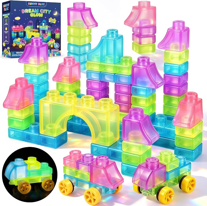 57PCS Soft Glow in The Dark Building Blocks for Toddlers, Dream City | Preschool Educational Creative Play, Montessori Squeezable, Stretchable Early Learning Construction Playset, Puzzle Blocks