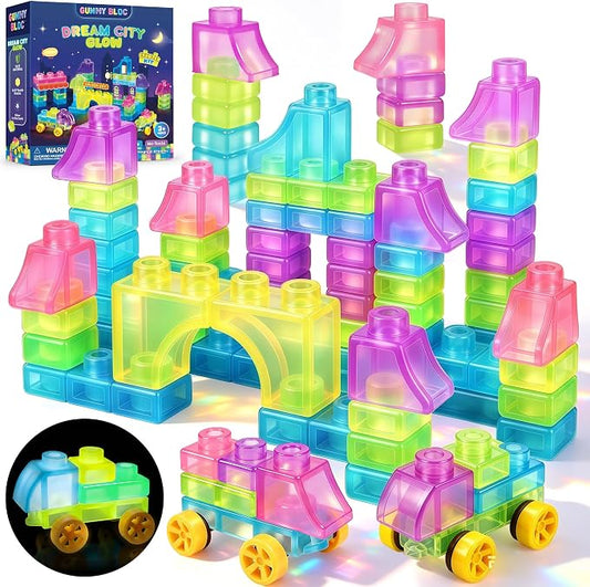 57PCS Soft Glow in The Dark Building Blocks for Toddlers, Dream City | Preschool Educational Creative Play, Montessori Squeezable, Stretchable Early Learning Construction Playset, Puzzle Blocks