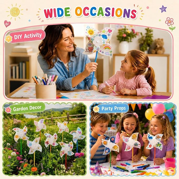 LINBLIF 30 Pack DIY Pinwheels Craft Kit for Kids, Summer Paper Windmill | EASY ASSEMBLY: Blank paper pinwheels for kids to draw, paint & craft. Perfect for camp, classroom, and party favors