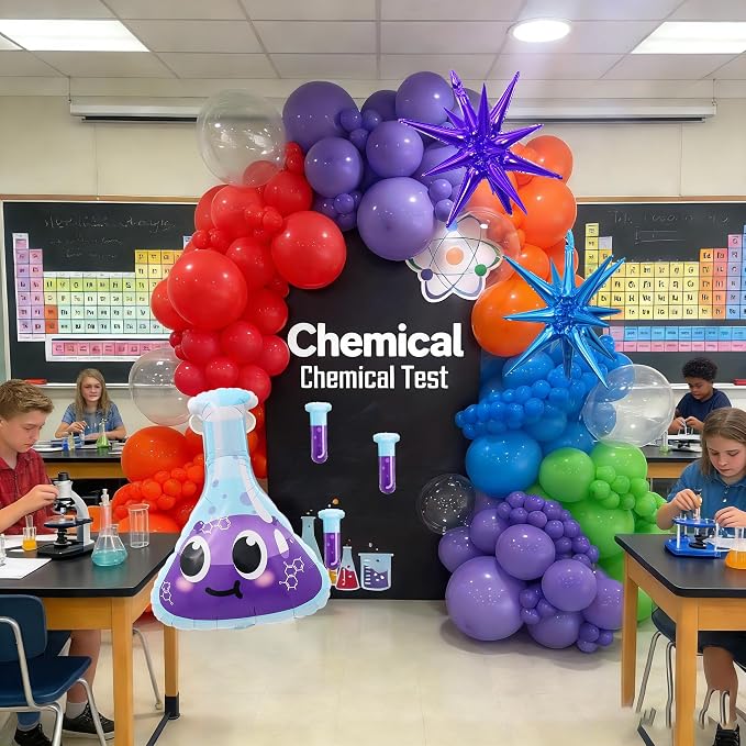 Science Experiment Party Decorations, Chemistry Lab Balloon Set with Beaker Flask Balloons, Fire/Explosion Star & Purple Blue Latex Balloons for Kids STEM Birthday, Mad Scientist Theme Party Supplies