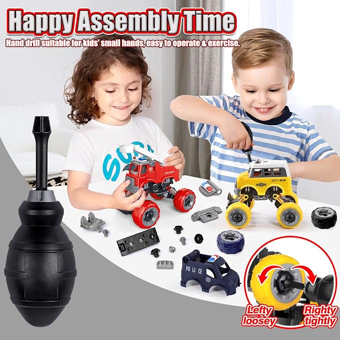 LUDILO Take Apart Toys for 6 Year Old Boy Gifts Kids Boy Toys Age 4-6-8 | 4PCS City Bus Ambulance Police Car Toy Fire Truck/Stem Assembly Electric Drill/Bday Gifts Toys for 3 4 5 6 7 Year Old Boys