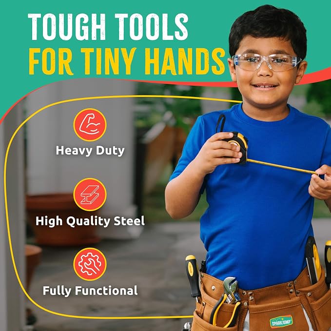 Deluxe Kids Tool Set | Real Tools with Tool Belt & Tool Box, Beginner Tool Kit for Boys & Girls Ages 6 & Up, Brown Ultimate Tool Set