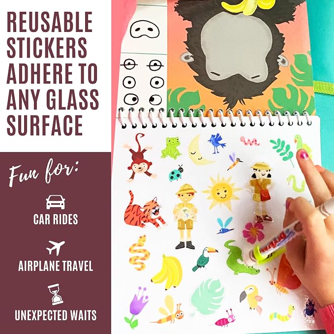 Totebook Dry Erase Activity Book for Kids - 18 Erasable Learning Games with Markers & Reusable Stickers, Travel Activities for Ages 4-6, Fits Case (Dinosaur Theme)