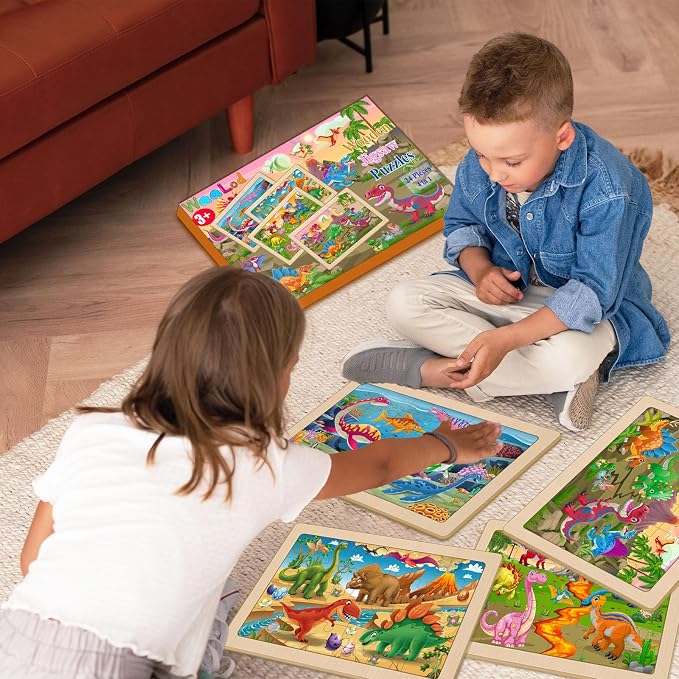 Wooden Puzzles for Kids Ages 4-6, 4 Pack 24 Pcs Toddler Puzzles Set for Ages 3-5, Educational Toys Gift for Boys Girls 3 4 5 6 7 8 (Dinosaur Land, Volcano, Sea & Forest Dino Worlds)