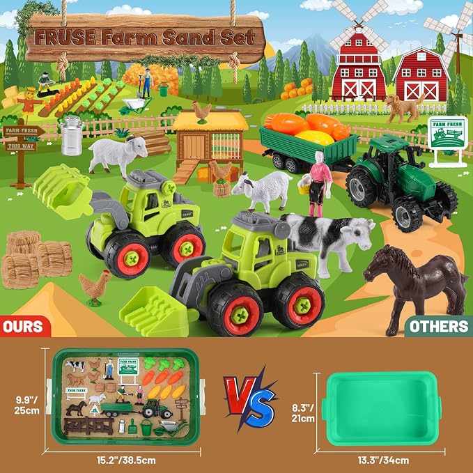 FRUSE Farm Sensory Bin Toys with Play Sand Kit & Tractor for Toddlers 3-8 | Sand Box, 2.2lbs Sensory Sand Kit, Farm Ainmal Figures, Sandbox with Lid, Sands Toys, Farm Tools, Gift for Toddlers Kids