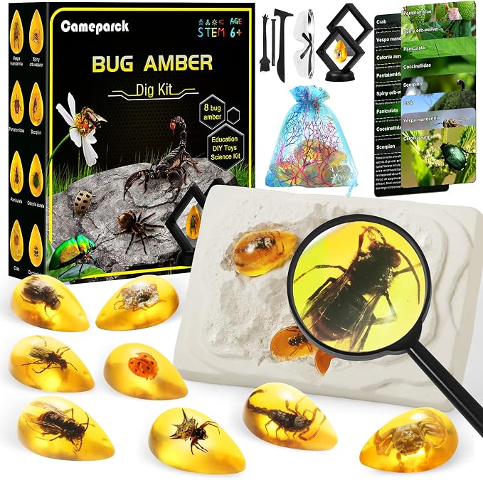 Bigger Amber Dig Kit-8 Artificial Insect Resin, Excavate Unique Insect Specimens, STEM Excavation Bugs Toys Science Kit for Kids,Educational Gifts Party Favors for Girls & Boys Age 6-8-12-14