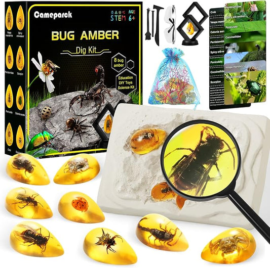Bigger Amber Dig Kit-8 Artificial Insect Resin, Excavate Unique Insect Specimens, STEM Excavation Bugs Toys Science Kit for Kids,Educational Gifts Party Favors for Girls & Boys Age 6-8-12-14